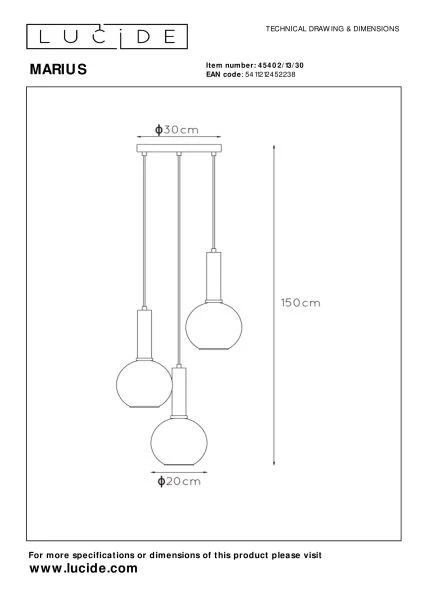 Lucide MARIUS - Suspension - Ø 48,5 cm - 3xE27 - Noir - technique